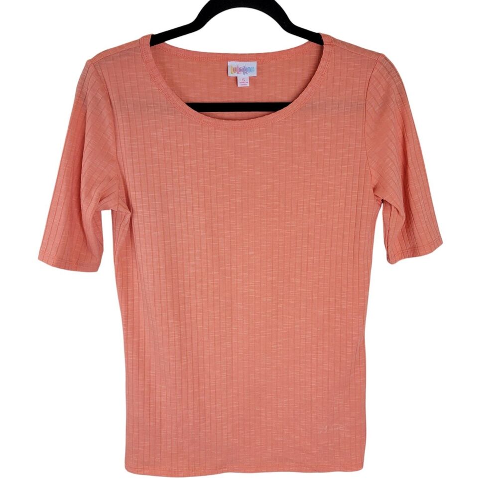 Lulu Roe Womens Sz S Salmon Solid Short Sleeve Ribbed Blouse Shirt